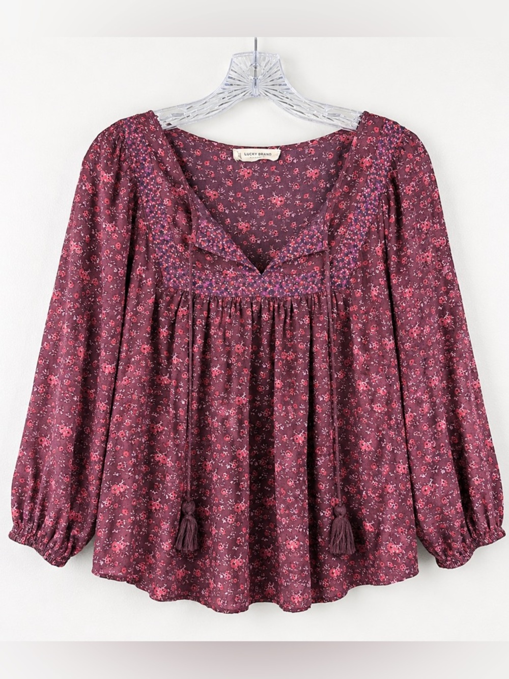 Lucky Brand Floral Peasant Blouse Plum Pink Boho Long Sleeve Top Small